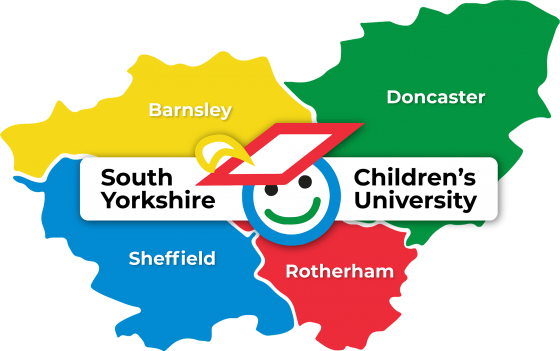 Map of South Yorkshire emblazened with the Children's University logo