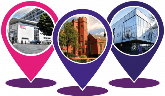 Location pins with photos of Sheffield Hallam University, University of Sheffield and an FE College