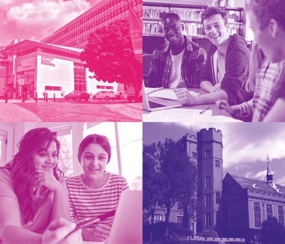 Grid of images in the Hepp brand colours representing Sheffield Hallam Univerity, University of sheffield, and students from in school and at home